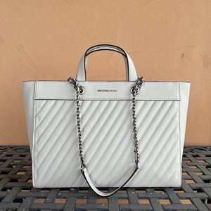 Michael Kors Rose Large EW Satchel Shoulder Tote Bag Quilted Stripe Optic White